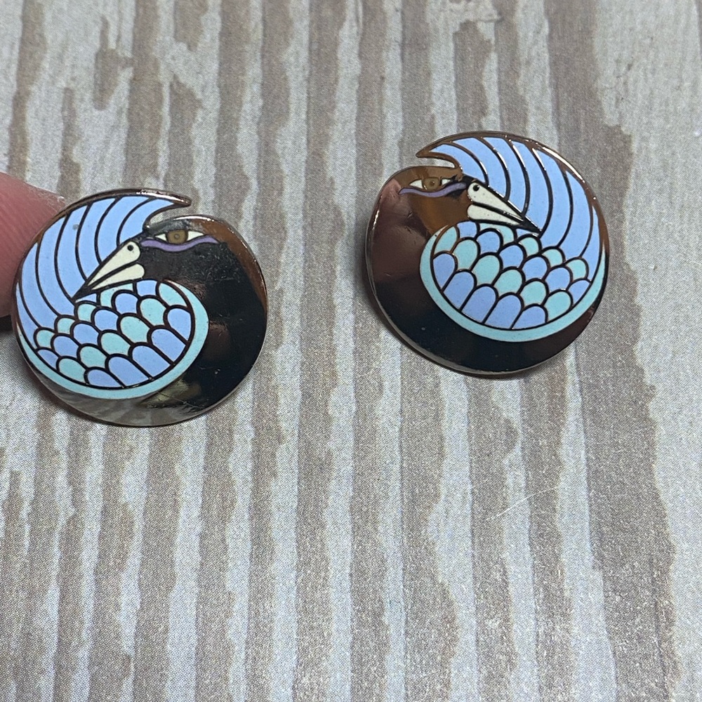Vintage Laurel Burch Blue and Silver mynah Bird Earrings